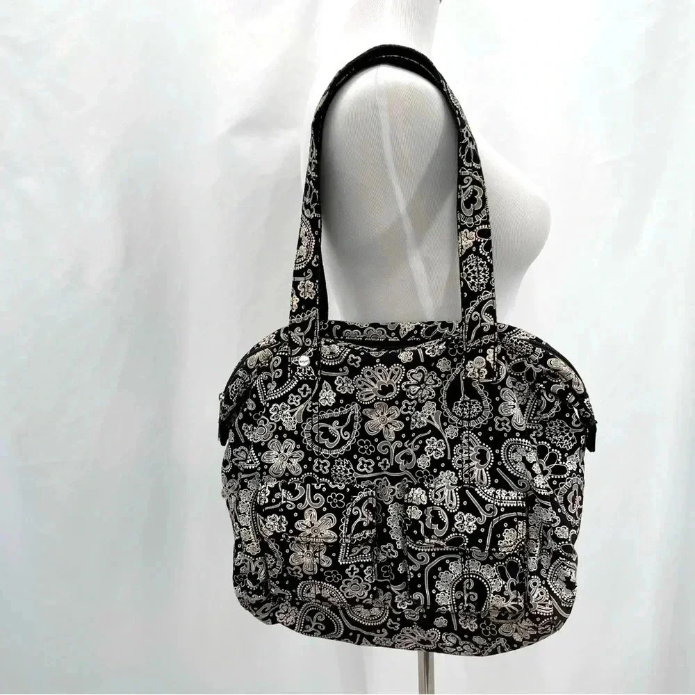 Thirty One Paisley Shoulder Bag Purse Black White Zip Closure Pockets 13”x14” - Picture 1 of 16
